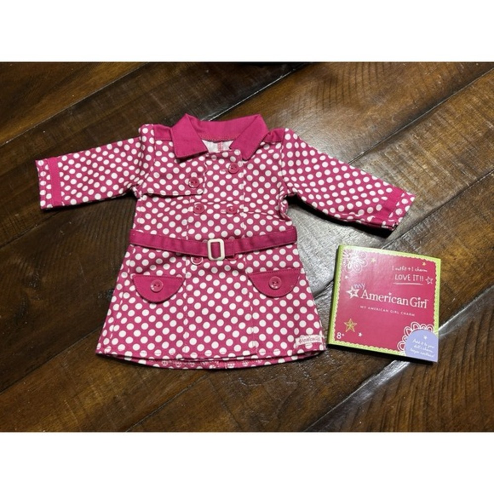 American Girl Rainy Day Coat + Charm NIB‎ Polka Dot Raspberry